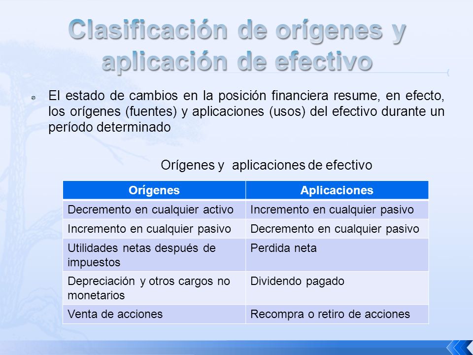 Clasificación de orígenes y aplicación de efectivo