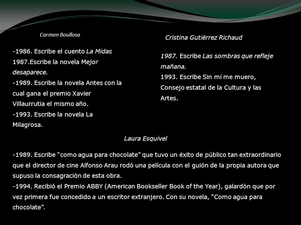 Carmen Boullosa Cristina Gutiérrez Richaud Escribe el cuento La Midas Escribe la novela Mejor desaparece.