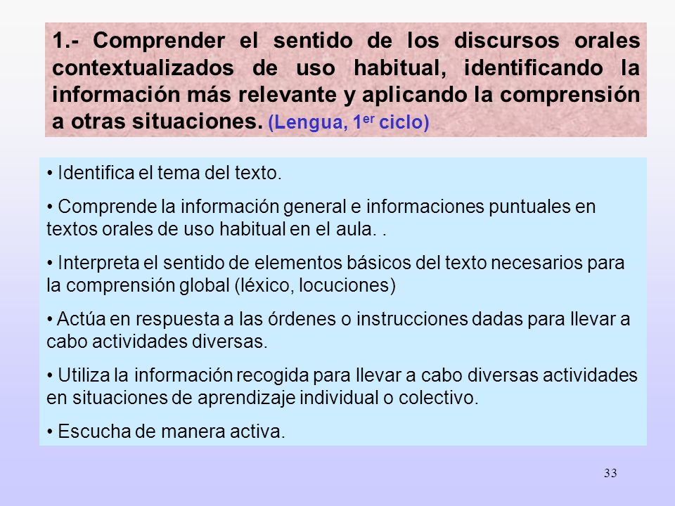 1.- Comprender el sentido de los discursos orales contextualizados de uso habitual, identificando la información más relevante y aplicando la comprensión a otras situaciones. (Lengua, 1er ciclo)