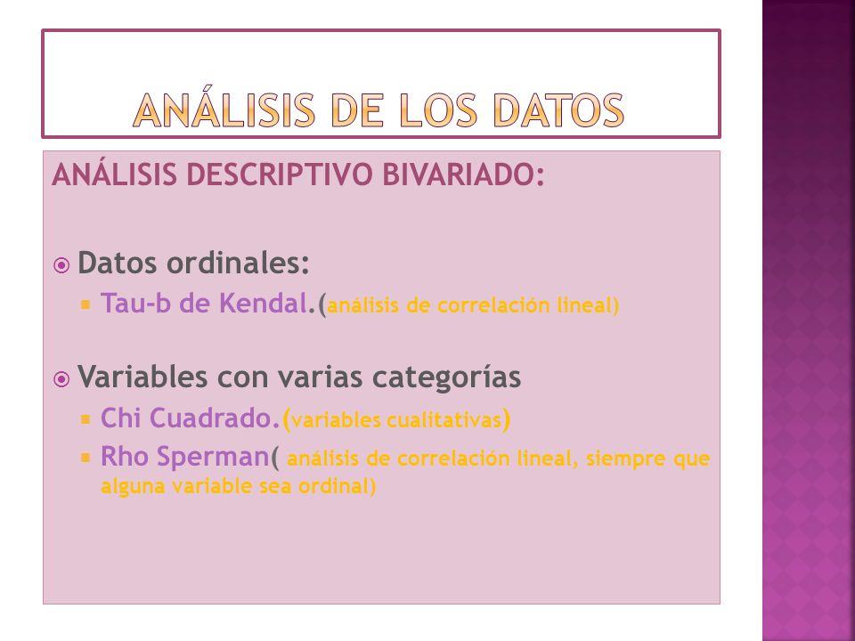ANÁLISIS DE LOS DATOS ANÁLISIS DESCRIPTIVO BIVARIADO: Datos ordinales: