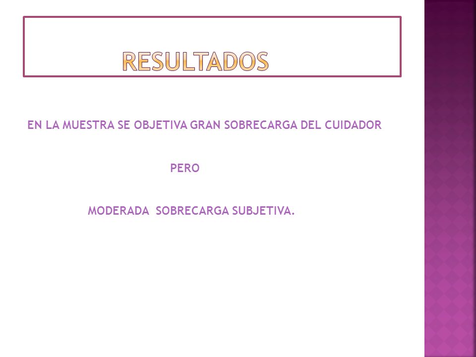 resultados EN LA MUESTRA SE OBJETIVA GRAN SOBRECARGA DEL CUIDADOR PERO