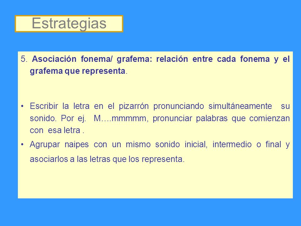 Estrategias 5. Asociación fonema/ grafema: relación entre cada fonema y el grafema que representa.