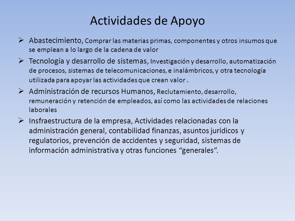 Actividades de Apoyo Abastecimiento, Comprar las materias primas, componentes y otros insumos que se emplean a lo largo de la cadena de valor.