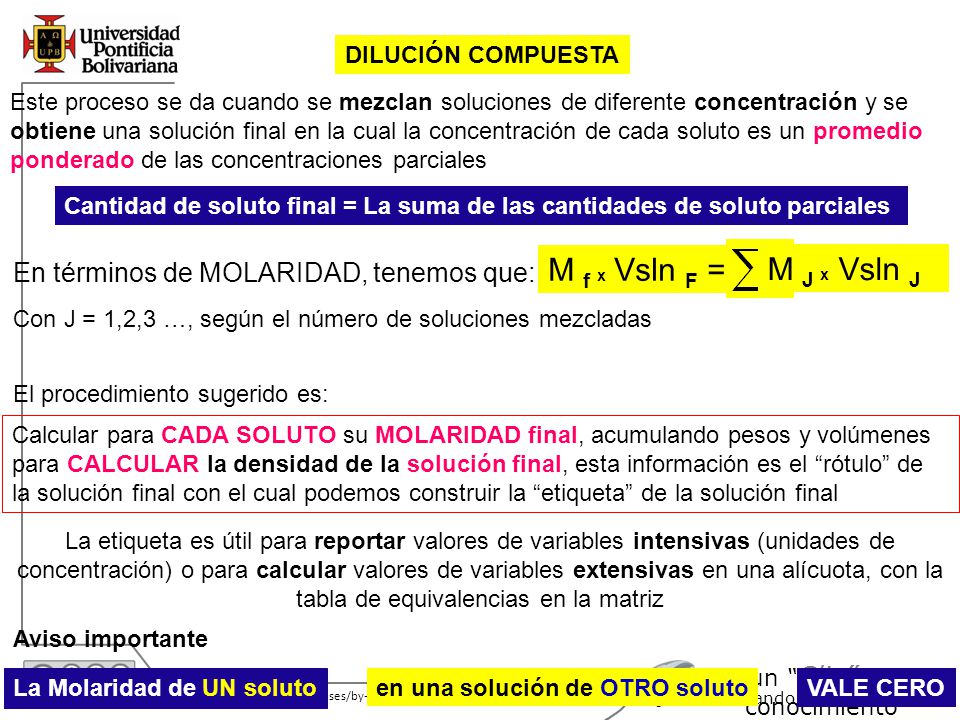 M f x Vsln F = M J x Vsln J En términos de MOLARIDAD, tenemos que: