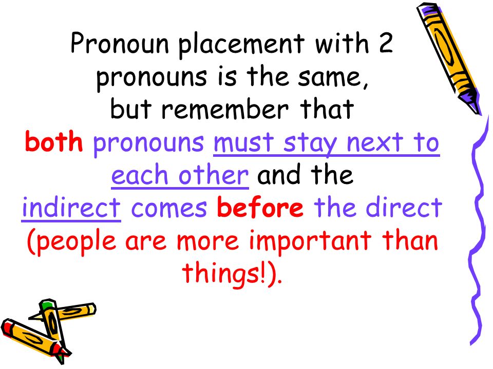 Pronoun placement with 2 pronouns is the same, but remember that both pronouns must stay next to each other and the indirect comes before the direct (people are more important than things!).