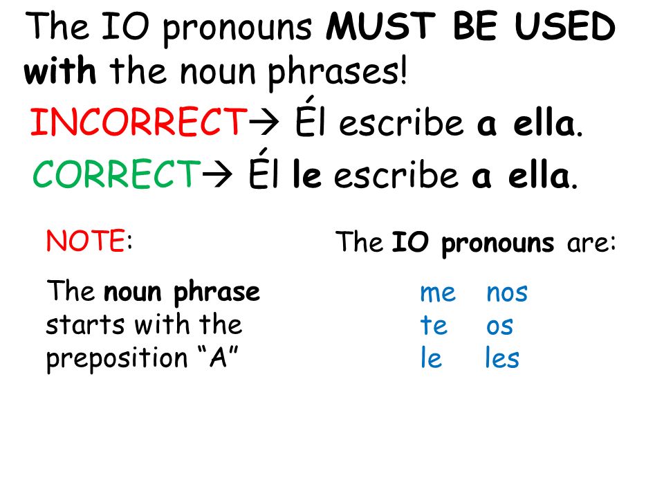 The IO pronouns MUST BE USED with the noun phrases!