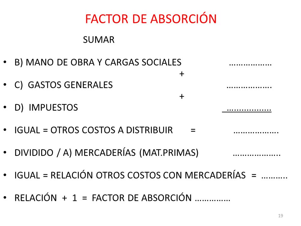 FACTOR DE ABSORCIÓN SUMAR B) MANO DE OBRA Y CARGAS SOCIALES ……………… +