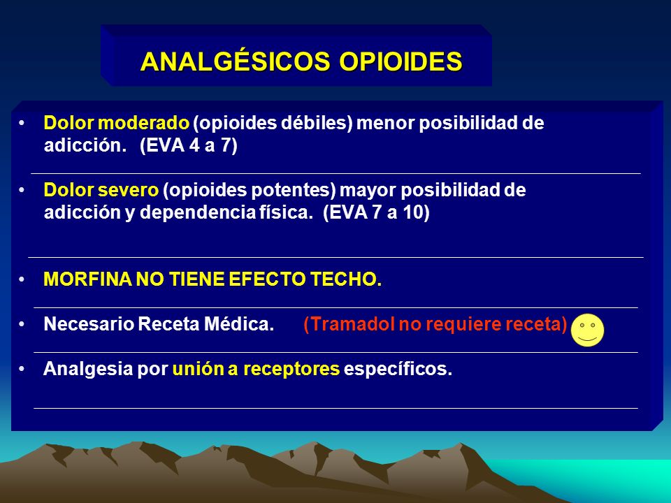 ANALGÉSICOS OPIOIDES Dolor moderado (opioides débiles) menor posibilidad de. adicción. (EVA 4 a 7)