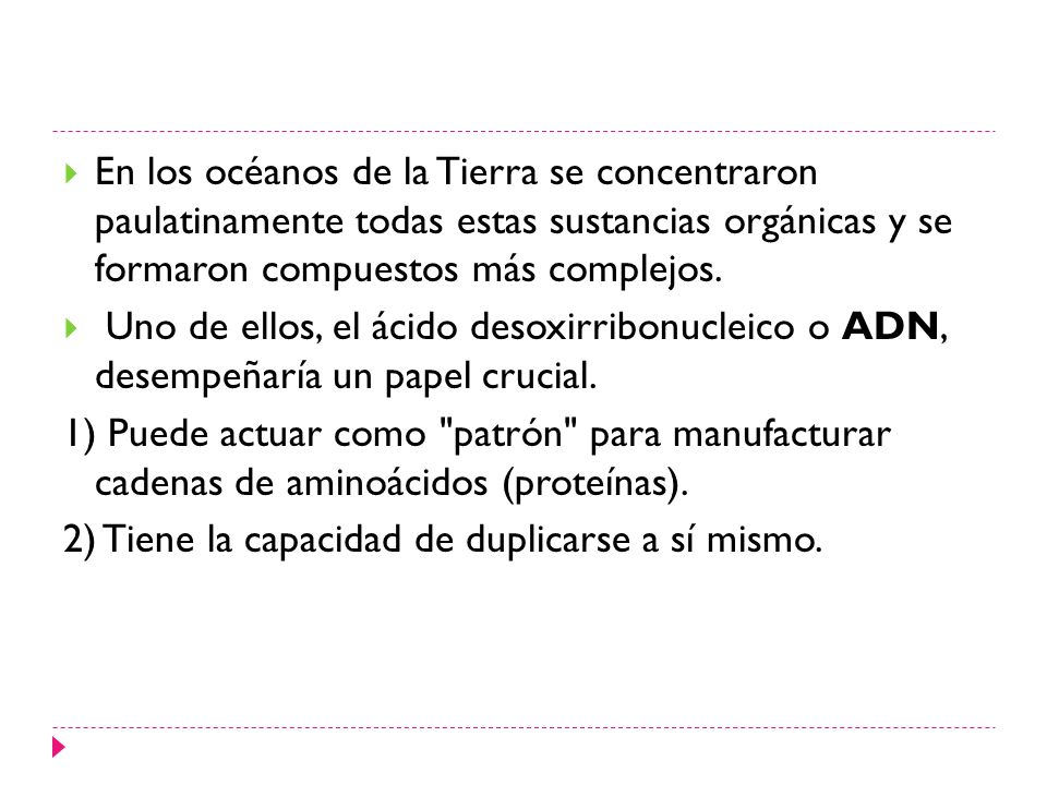 En los océanos de la Tierra se concentraron paulatinamente todas estas sustancias orgánicas y se formaron compuestos más complejos.