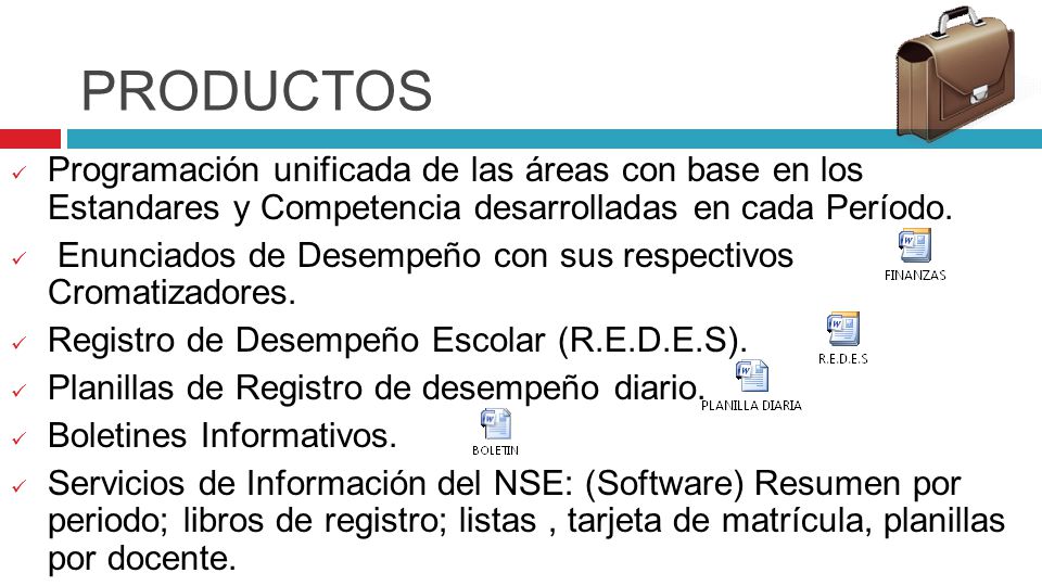 PRODUCTOS Programación unificada de las áreas con base en los Estandares y Competencia desarrolladas en cada Período.