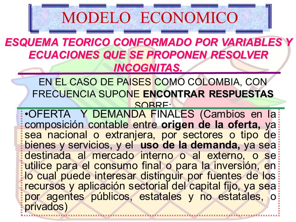 MODELO ECONOMICO ESQUEMA TEORICO CONFORMADO POR VARIABLES Y ECUACIONES QUE SE PROPONEN RESOLVER INCOGNITAS.