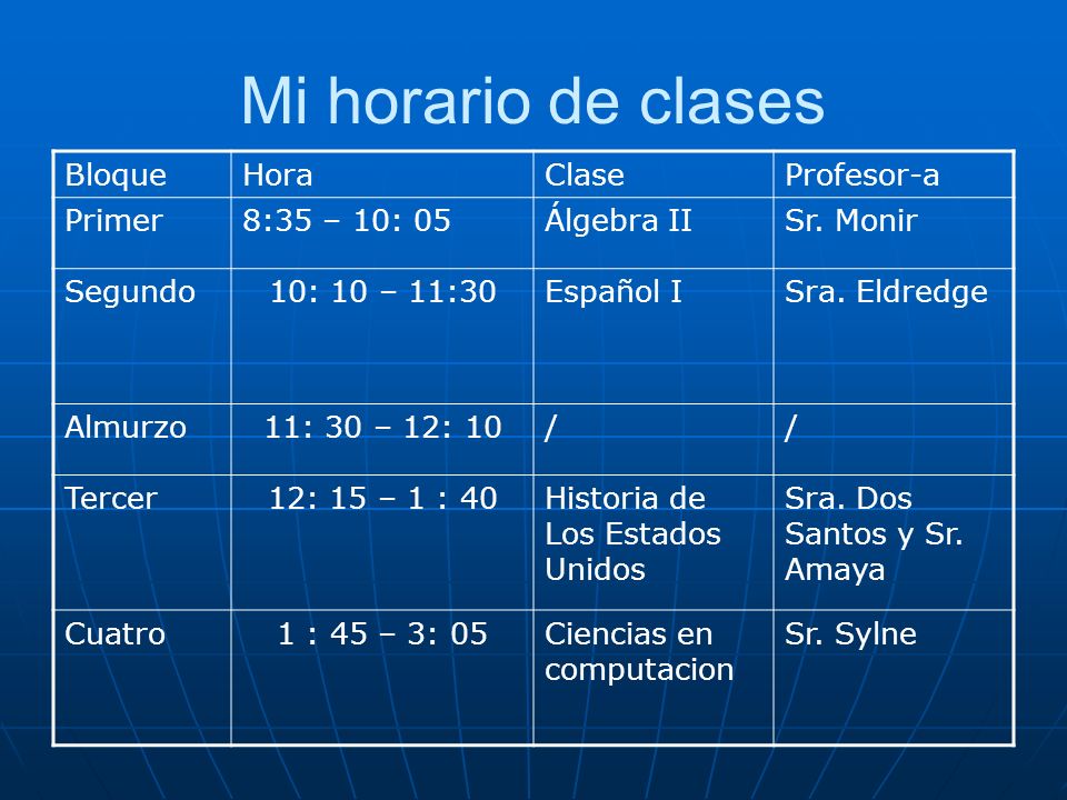 Mi horario de clases Bloque Hora Clase Profesor-a Primer 8:35 – 10: 05