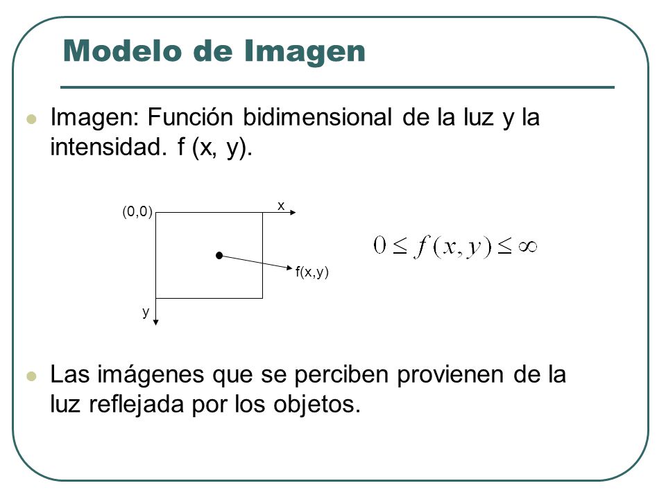 Modelo de Imagen Imagen: Función bidimensional de la luz y la intensidad. f (x, y).
