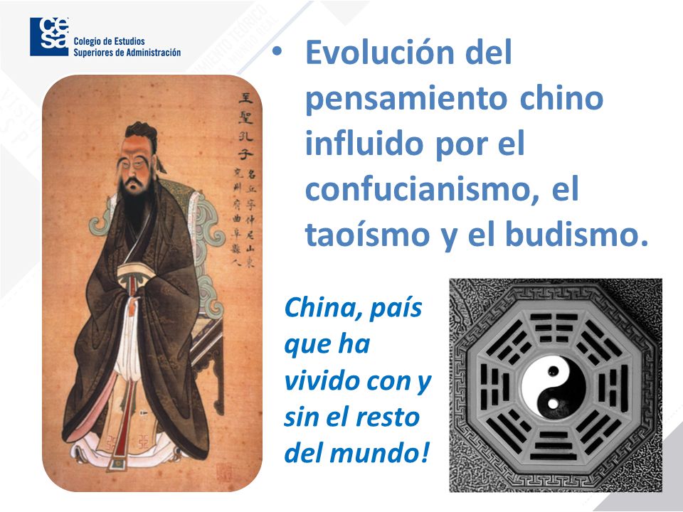 Evolución del pensamiento chino influido por el confucianismo, el taoísmo y el budismo.