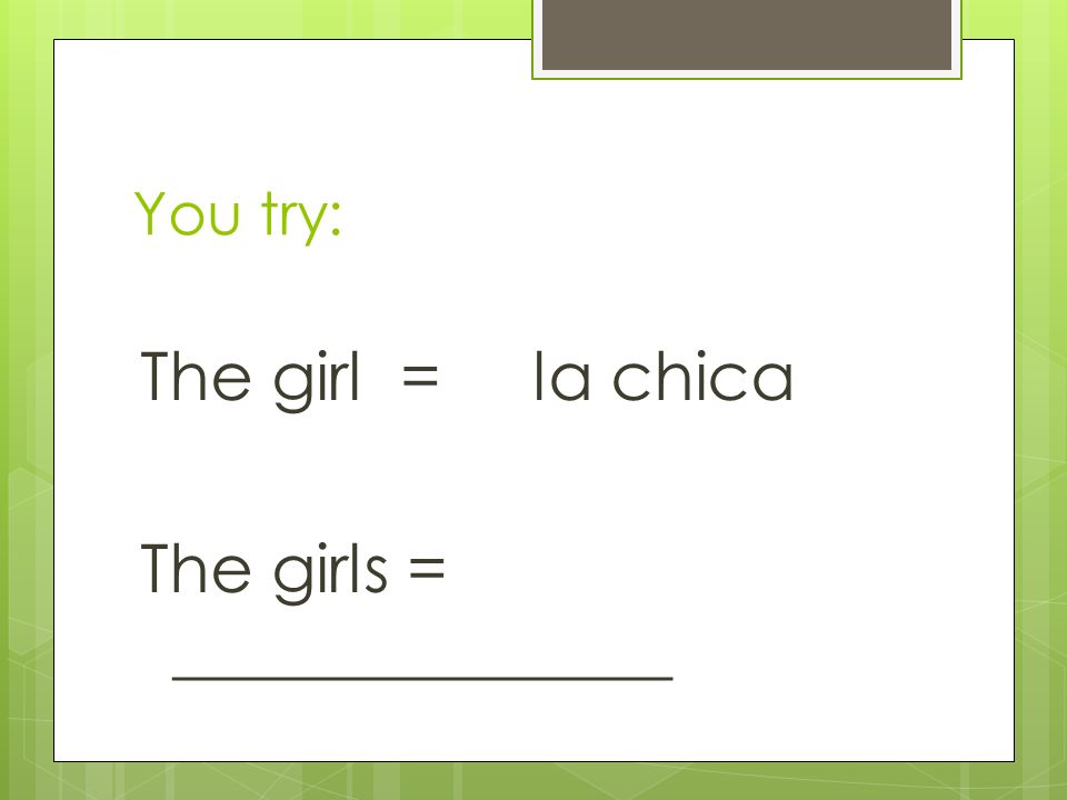 The girl = la chica The girls = _______________