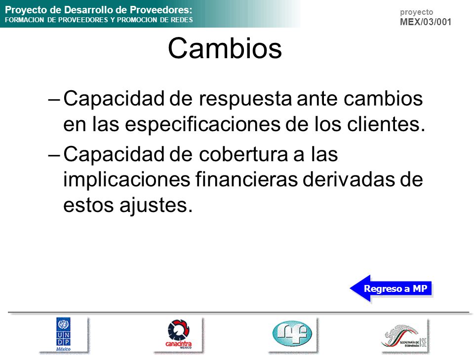 Cambios Capacidad de respuesta ante cambios en las especificaciones de los clientes.