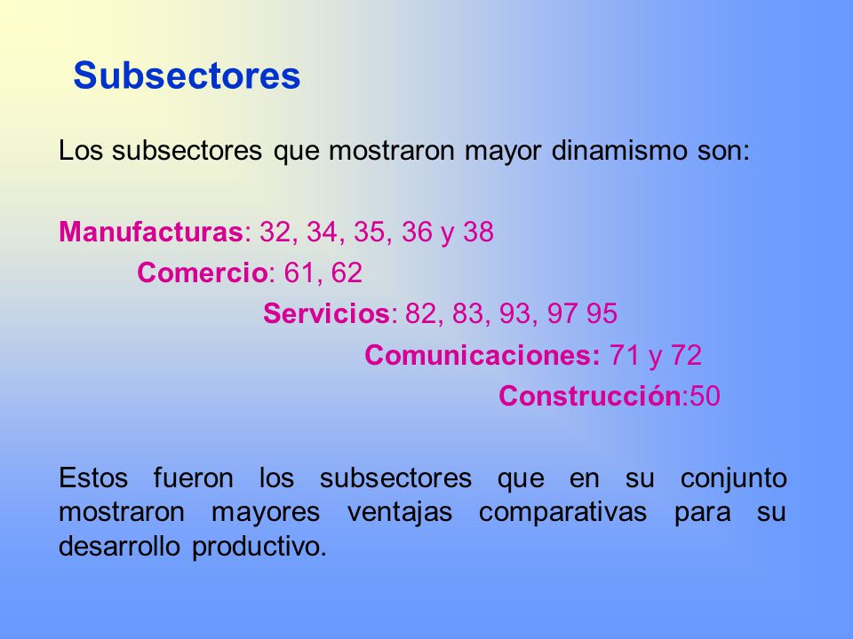Subsectores Los subsectores que mostraron mayor dinamismo son: