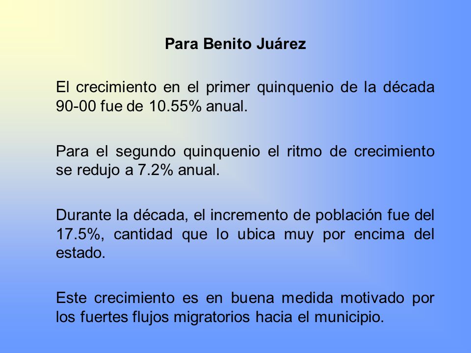 Para Benito Juárez El crecimiento en el primer quinquenio de la década fue de 10.55% anual.