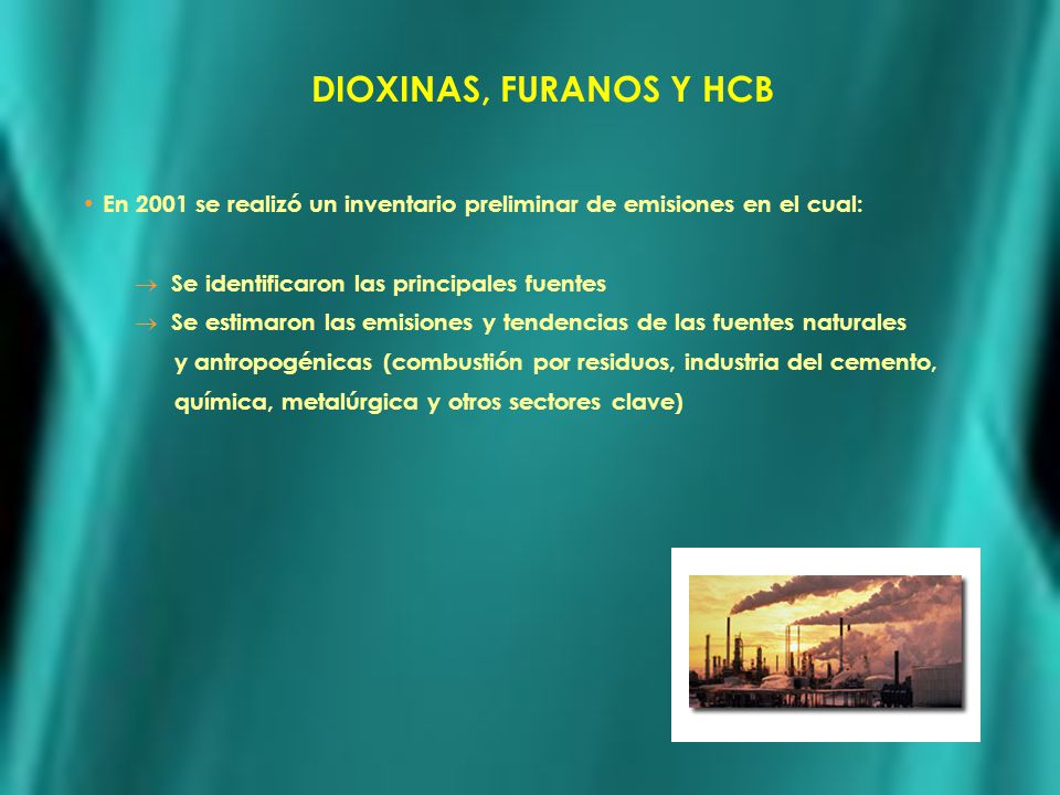 DIOXINAS, FURANOS Y HCB En 2001 se realizó un inventario preliminar de emisiones en el cual: Se identificaron las principales fuentes.