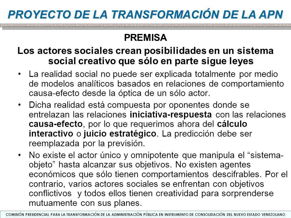PREMISA Los actores sociales crean posibilidades en un sistema social creativo que sólo en parte sigue leyes.