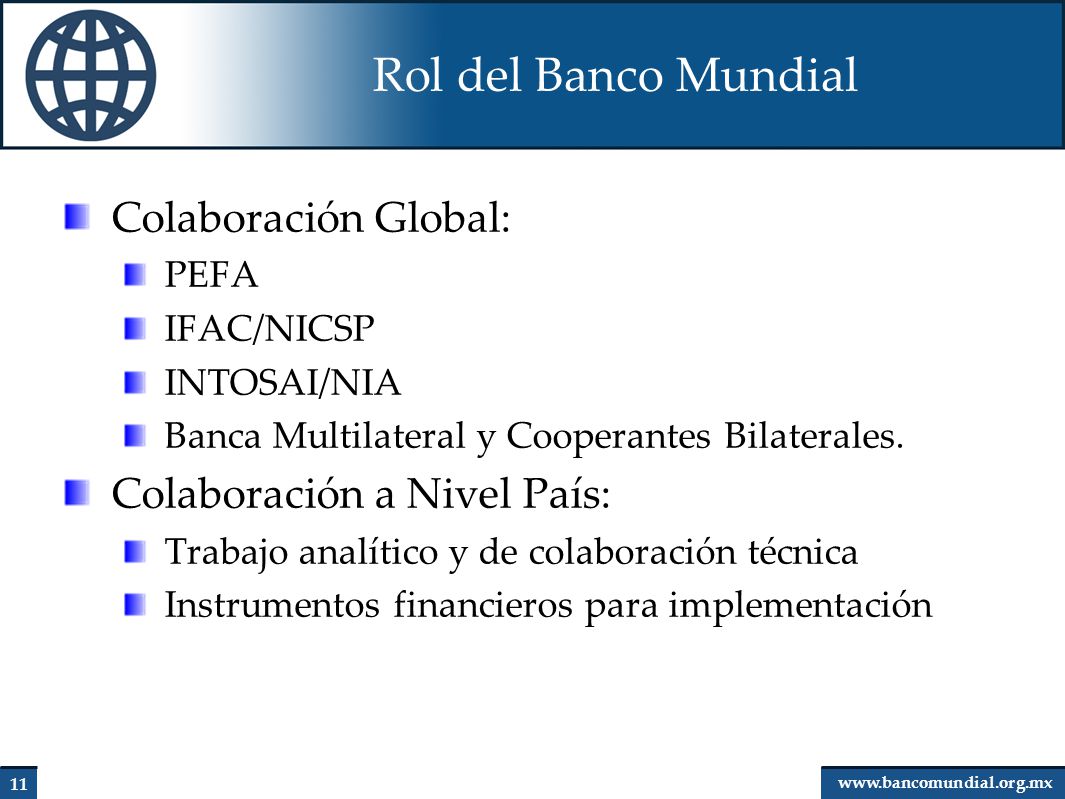 Rol del Banco Mundial Colaboración Global: Colaboración a Nivel País: