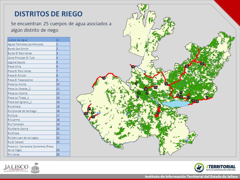 DISTRITOS DE RIEGO Se encuentran 25 cuerpos de agua asociados a algún distrito de riego. Cuerpo de Agua.