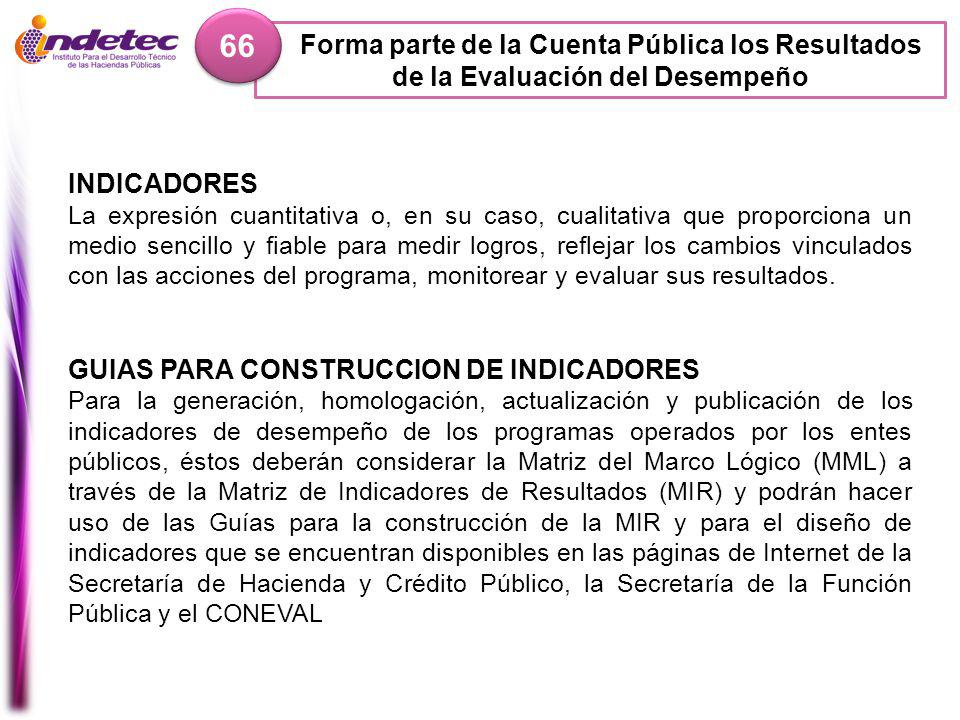 66 Forma parte de la Cuenta Pública los Resultados de la Evaluación del Desempeño. INDICADORES.