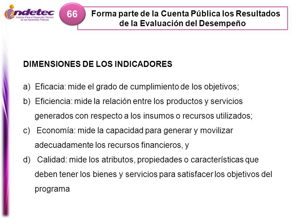 66 Forma parte de la Cuenta Pública los Resultados de la Evaluación del Desempeño. DIMENSIONES DE LOS INDICADORES.