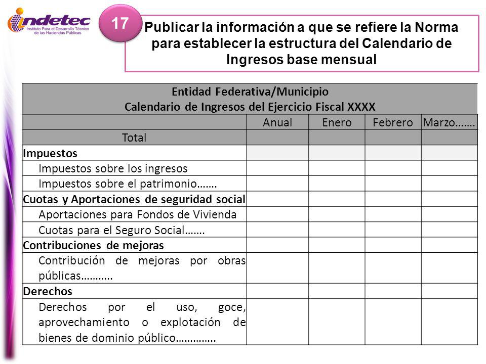17 Publicar la información a que se refiere la Norma para establecer la estructura del Calendario de Ingresos base mensual.