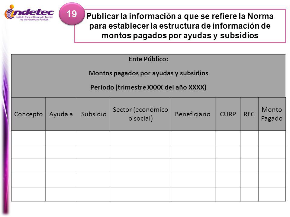 19 Publicar la información a que se refiere la Norma para establecer la estructura de información de montos pagados por ayudas y subsidios.