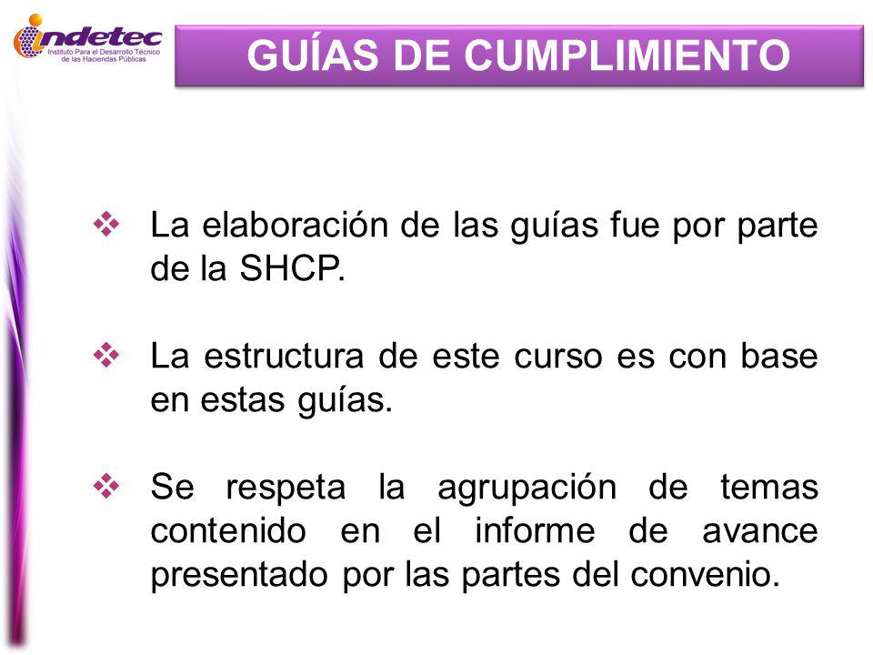 GUÍAS DE CUMPLIMIENTO La elaboración de las guías fue por parte de la SHCP. La estructura de este curso es con base en estas guías.