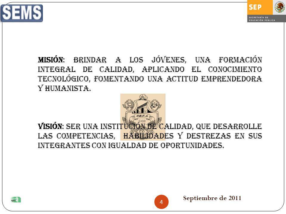 MISIÓN: BRINDAR A LOS JÓVENES, UNA FORMACIÓN INTEGRAL DE CALIDAD, APLICANDO EL CONOCIMIENTO TECNOLÓGICO, FOMENTANDO UNA ACTITUD EMPRENDEDORA Y HUMANISTA.