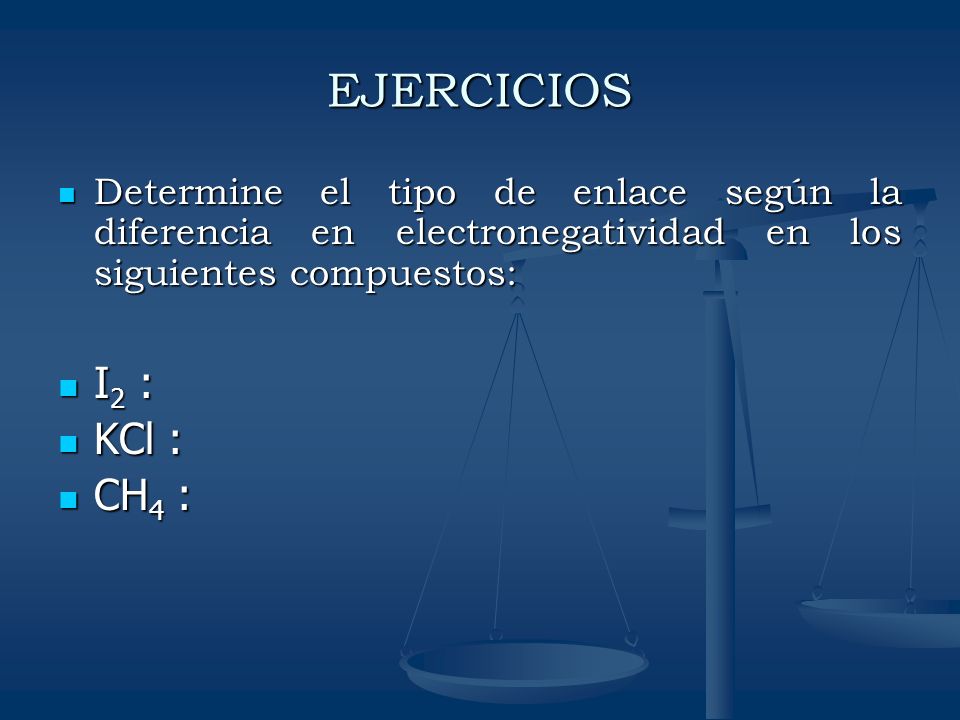 EJERCICIOS Determine el tipo de enlace según la diferencia en electronegatividad en los siguientes compuestos: