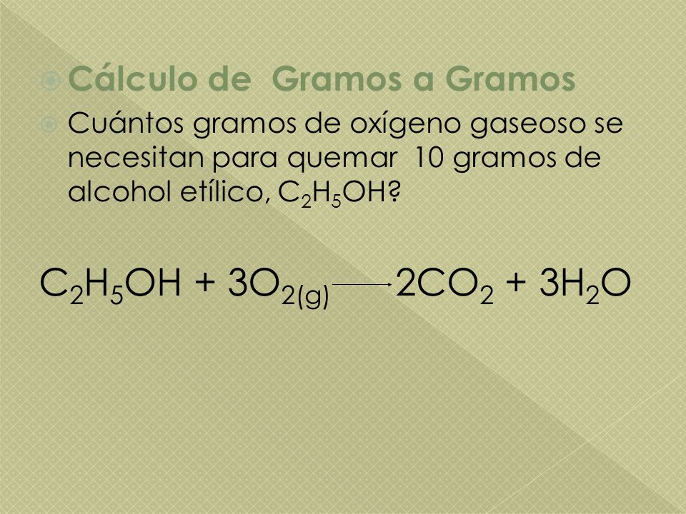 C2H5OH + 3O2(g) 2CO2 + 3H2O Cálculo de Gramos a Gramos