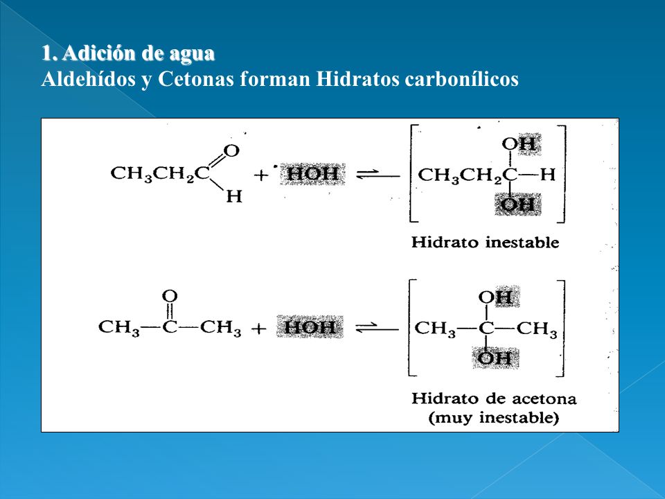 1. Adición de agua Aldehídos y Cetonas forman Hidratos carbonílicos