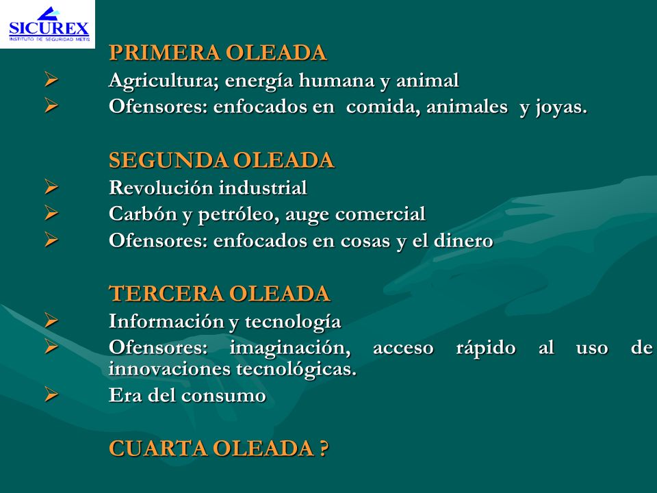PRIMERA OLEADA Agricultura; energía humana y animal. Ofensores: enfocados en comida, animales y joyas.