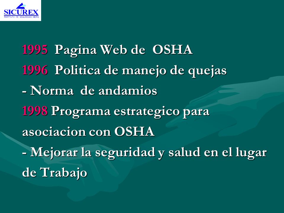 1995 Pagina Web de OSHA 1996 Politica de manejo de quejas. - Norma de andamios Programa estrategico para.