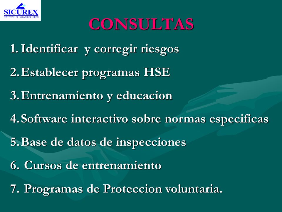 CONSULTAS Identificar y corregir riesgos Establecer programas HSE