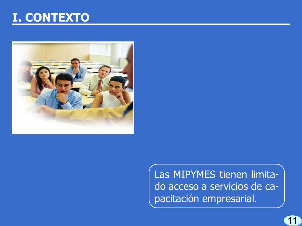 I. CONTEXTO Las MIPYMES tienen limita-do acceso a servicios de ca-pacitación empresarial. 11