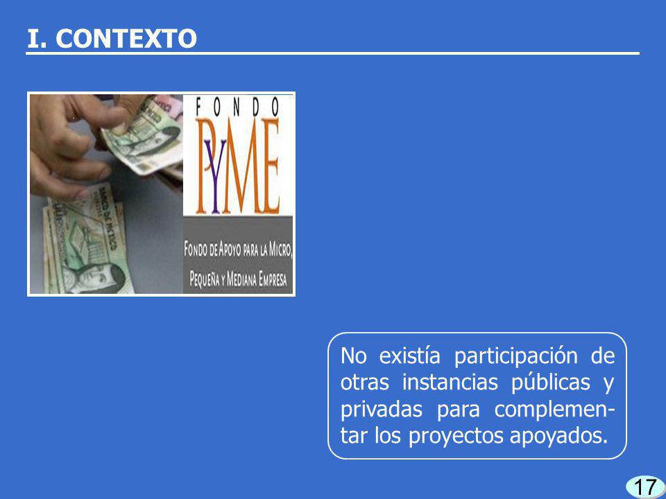 I. CONTEXTO No existía participación de otras instancias públicas y privadas para complemen-tar los proyectos apoyados.