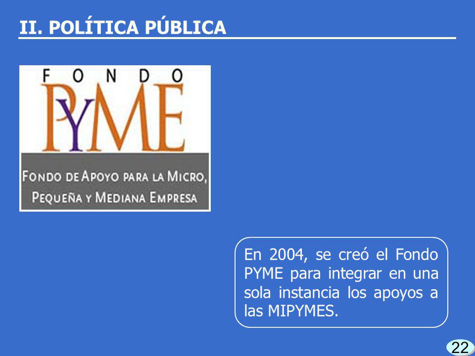 II. POLÍTICA PÚBLICA En 2004, se creó el Fondo PYME para integrar en una sola instancia los apoyos a las MIPYMES.