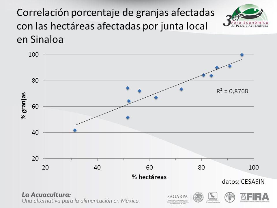Correlación porcentaje de granjas afectadas con las hectáreas afectadas por junta local en Sinaloa
