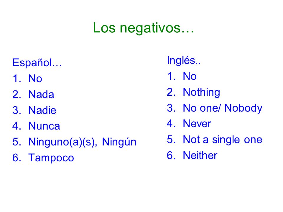Los negativos… Inglés.. Español… No No Nothing Nada No one/ Nobody