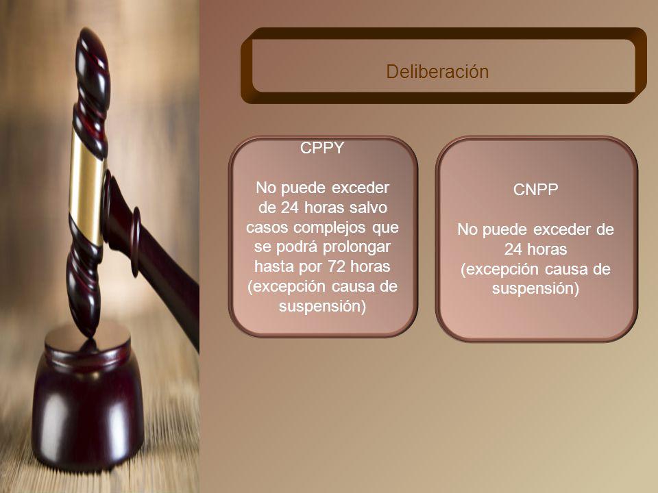 Deliberación CPPY. No puede exceder de 24 horas salvo casos complejos que se podrá prolongar hasta por 72 horas.