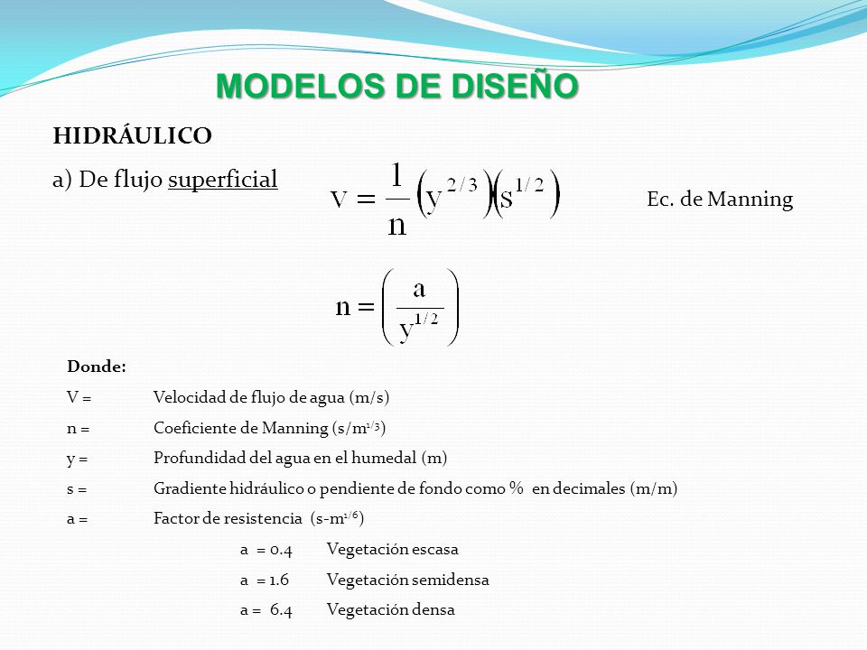 MODELOS DE DISEÑO HIDRÁULICO a) De flujo superficial Ec. de Manning