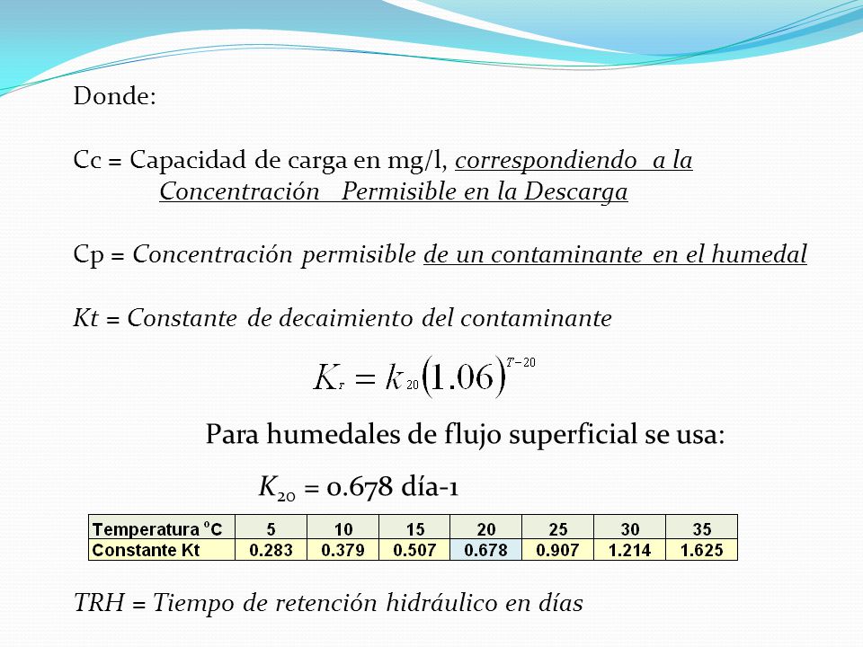 Para humedales de flujo superficial se usa: K20 = día-1