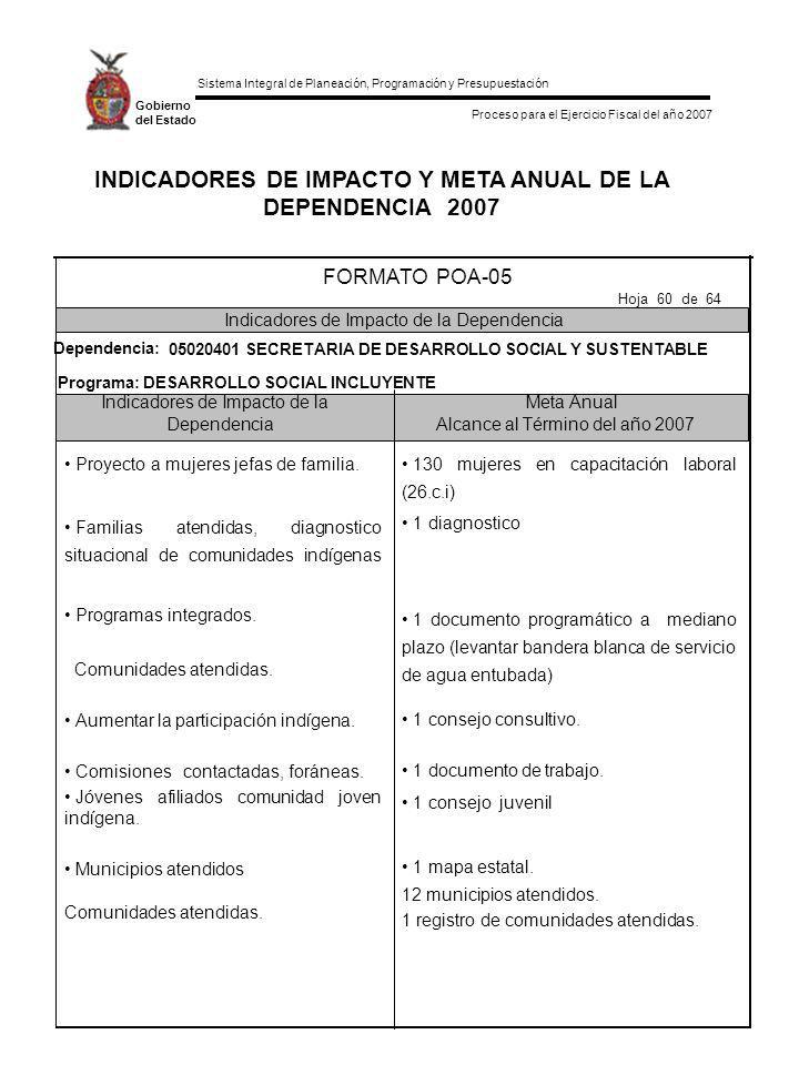 INDICADORES DE IMPACTO Y META ANUAL DE LA DEPENDENCIA 2007