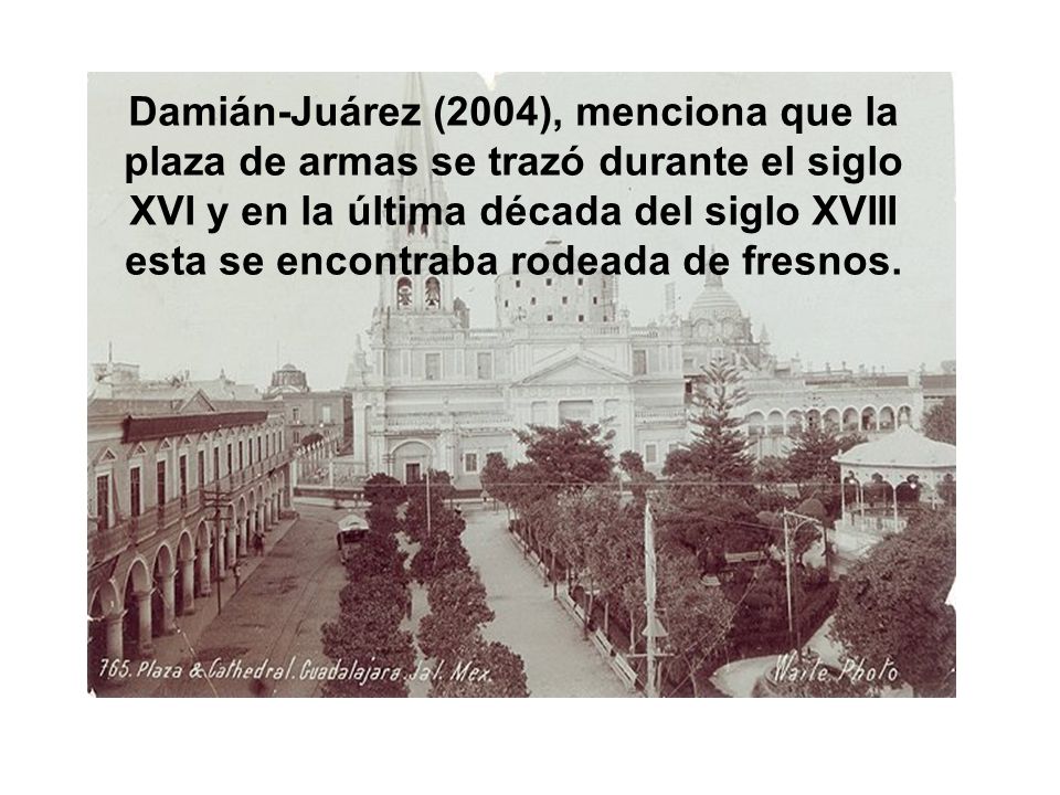 Damián-Juárez (2004), menciona que la plaza de armas se trazó durante el siglo XVI y en la última década del siglo XVIII esta se encontraba rodeada de fresnos.
