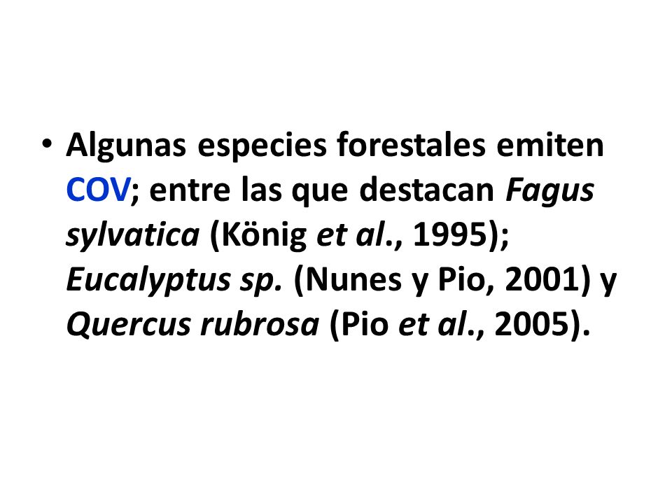 Algunas especies forestales emiten COV; entre las que destacan Fagus sylvatica (König et al., 1995); Eucalyptus sp.