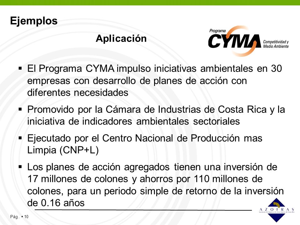 Ejemplos Aplicación. El Programa CYMA impulso iniciativas ambientales en 30 empresas con desarrollo de planes de acción con diferentes necesidades.